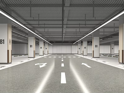 Spacious Indoor Parking Garage With Columns Floor Markings Arrows And Grid Ceiling 3d model
