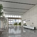 Modern Spacious Lobby Interior With Glass Windows City View Green Plants And Reception Desk