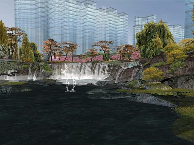 Serene Urban Park Landscape With Waterfall Colorful Trees And Modern Skyscrapers 3d model