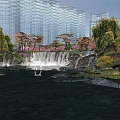 Serene Urban Park Landscape With Waterfall Colorful Trees And Modern Skyscrapers