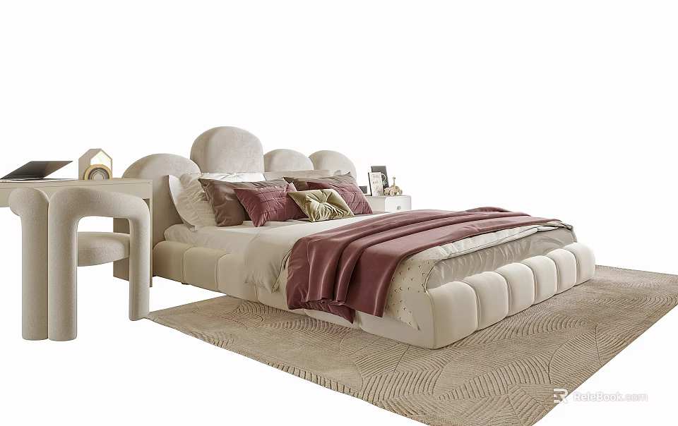 Soft Cloud Shaped Children's Bed with Neutral Pink Pillows Side Table and Textured Rug 3d model 