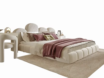 Soft Cloud Shaped Children's Bed with Neutral Pink Pillows Side Table and Textured Rug 3d model