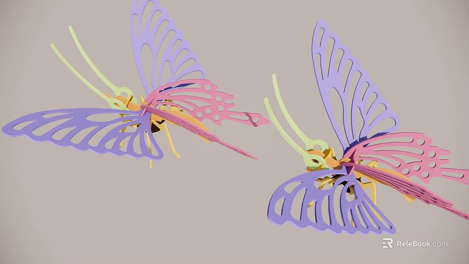 Butterflies with Purple Pink Hollow Wings and Decorative Intricate Design in Flight 3d model 