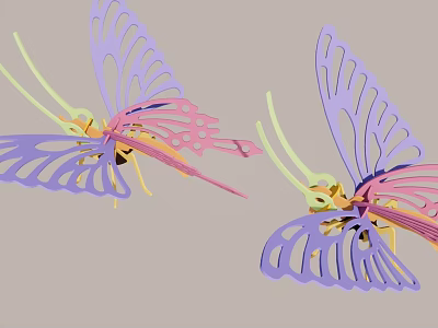 Butterflies with Purple Pink Hollow Wings and Decorative Intricate Design in Flight 3d model