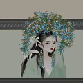 Elegant Interior Wall Art With Female Figure And Blue Red Floral Design