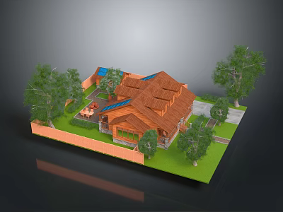 Detached Villa with Brown Roof Design and Fenced Yard Surrounded by Trees and Lawn 3d model