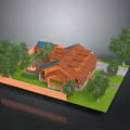 Detached Villa with Brown Roof Design and Fenced Yard Surrounded by Trees and Lawn