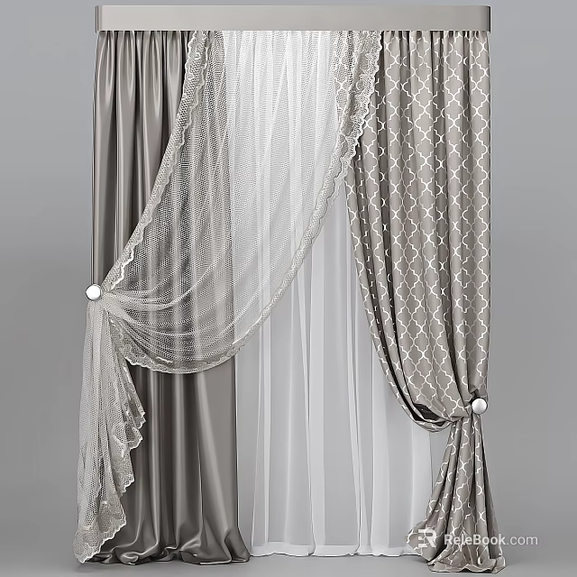 Elegant Gray Curtains With White Sheer Lace Trim Geometric Pattern And Beaded Tiebacks 3d model 