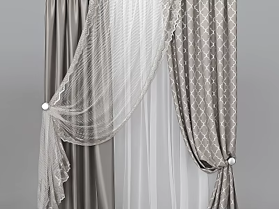 Elegant Gray Curtains With White Sheer Lace Trim Geometric Pattern And Beaded Tiebacks 3d model