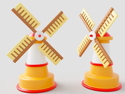 Colorful Children's Windmill Toys With Yellow Blades And Red White Tower Base 3d model