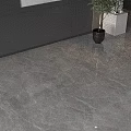 Modern Lounge Area Featuring Gray Walls Marble Floor Window Blinds Plants Abstract Painting And Sculpture