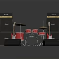 Red Electric Guitars Drum Set With Black Marshall Amplifiers Cymbals And Speakers