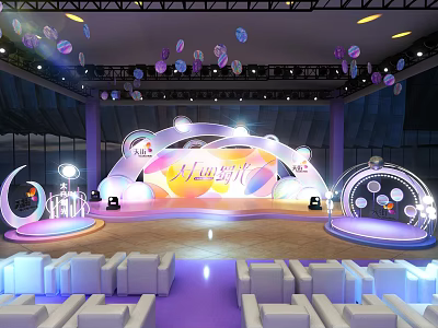 Light Themed Event Stage With Vibrant Decorations Lighting And White Seats 3d model