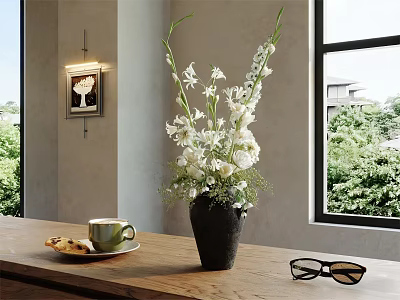 White Flowers In Black Vase On Wooden Table With Coffee Cup And Sunglasses Near Window 3d model