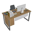 Wooden Office Desk With Computer Monitor Keyboard Mouse Pen Holder Books And Magazine