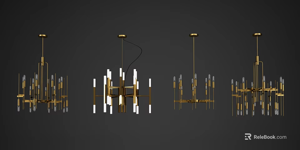 Multiple Modern Brass Chandeliers With Linear Design And White Tubes 3d model