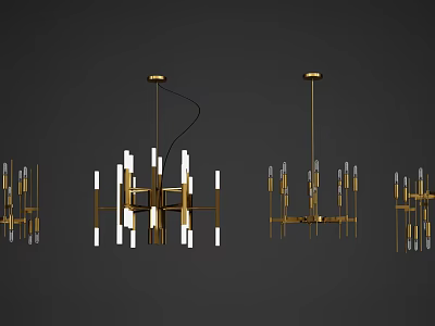 Multiple Modern Brass Chandeliers With Linear Design And White Tubes 3d model