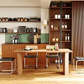 Modern Wooden Dining Table With Metal Chairs And Kitchen Shelves Interior