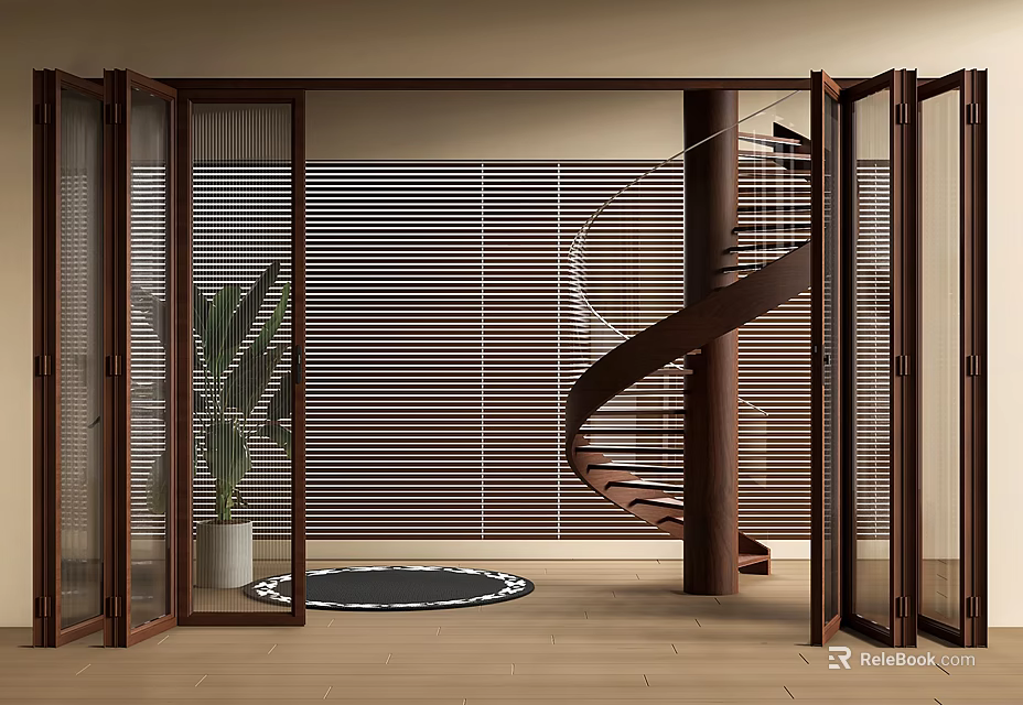 Folding Doors Enhance Indoor Space with Spiral Staircase and Plant 3d model 