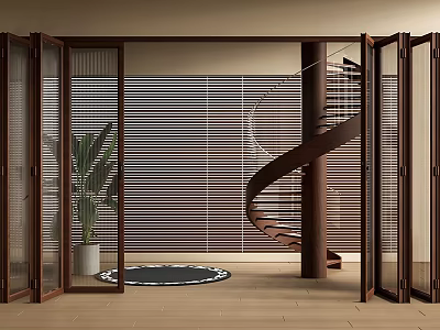 Folding Doors Enhance Indoor Space with Spiral Staircase and Plant 3d model