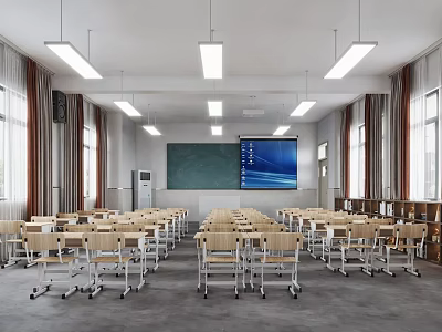 School Modern Classroom with Neat Desks Chairs Blackboard Projector Screen Windows and Ceiling Lights 3d model