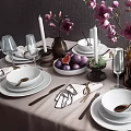 Elegant Dinnerware Set with White Plates Bowls Metal Utensils Wine Glasses and Floral Vase Decor