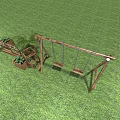 Wooden Playground Equipment With Swing Set And Sandbox On Green Grass