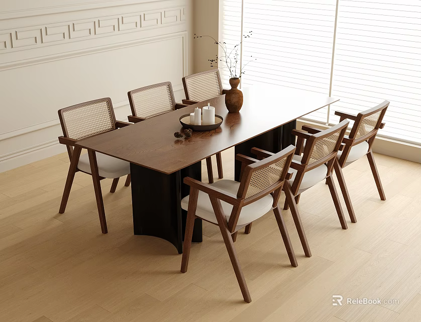 Minimalist Wooden Dining Table With Woven Back Chairs In Bright Paneled Room 3d model 