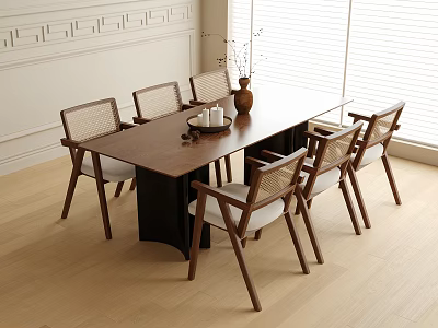 Minimalist Wooden Dining Table With Woven Back Chairs In Bright Paneled Room 3d model