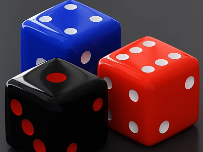 Colorful Dice with Dots in Blue Red Black for Board Game Entertainment 3d model