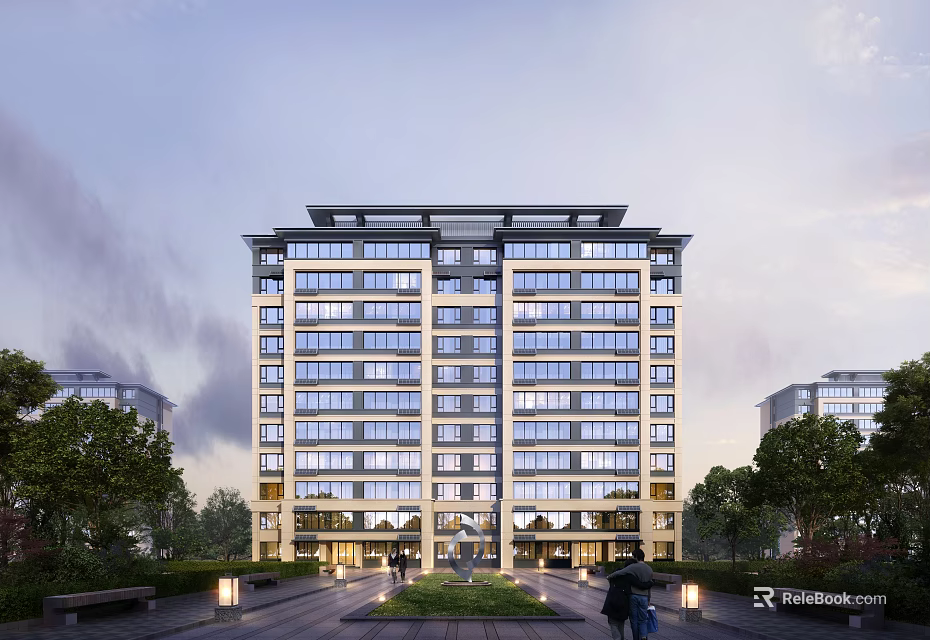 Modern High Rise Residential Building Exterior With Landscaping 3d model 