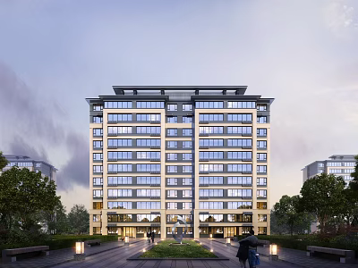 Modern High Rise Residential Building Exterior With Landscaping 3d model