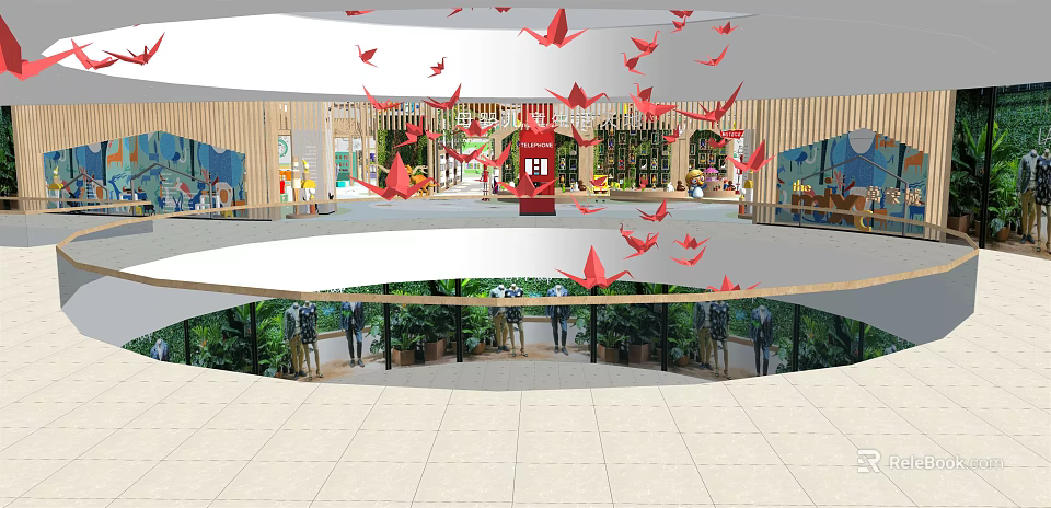 Spacious Shopping Mall Lobby With Red Origami Cranes And Green Plants Decoration 3d model 