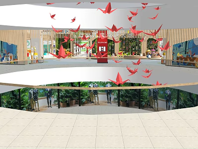 Spacious Shopping Mall Lobby With Red Origami Cranes And Green Plants Decoration 3d model
