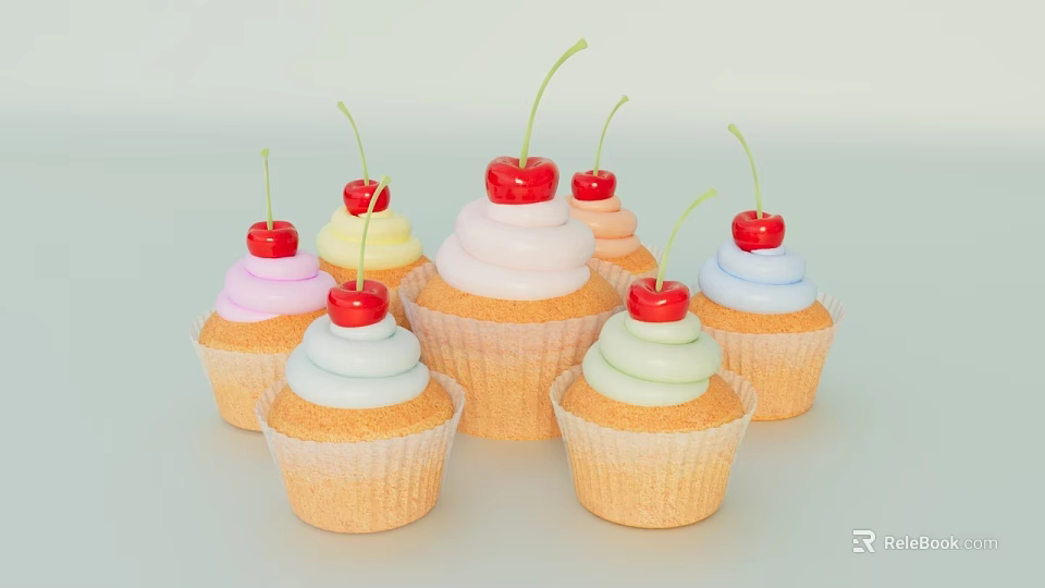 Colorful Cupcakes With Swirled Frosting Paper Liners And Fresh Cherries On Top 3d model 