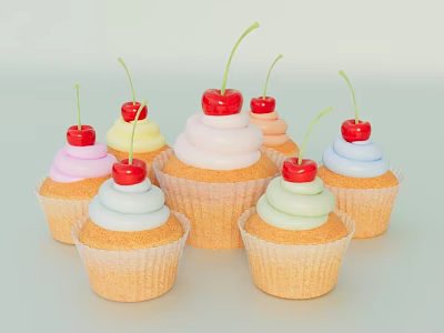 Colorful Cupcakes With Swirled Frosting Paper Liners And Fresh Cherries On Top 3d model
