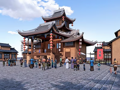 Traditional Chinese Commercial Street Featuring Ancient Architecture Red Lanterns And Pedestrians 3d model