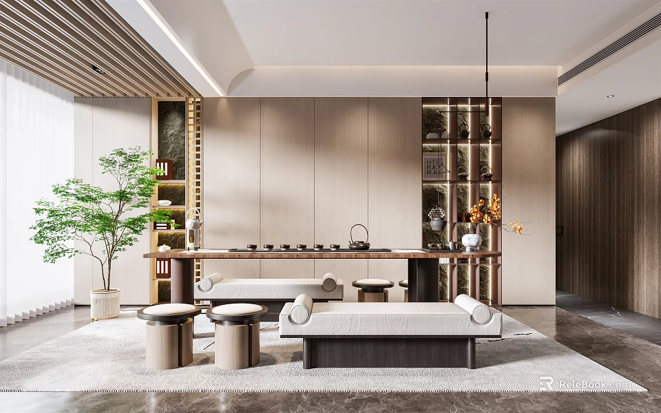 Modern Open Tea Room Interior With Wooden Elements Long Table Round Stools And Green Plants 3d model