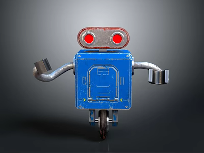 Blue Robot Character Featuring Red Eyes Metal Arms And Rolling Wheels 3d model
