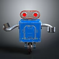 Blue Robot Character Featuring Red Eyes Metal Arms And Rolling Wheels