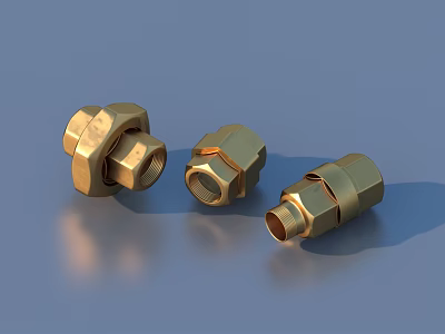 Golden Brass Threaded Mechanical Connectors With Various Shapes And Sizes 3d model