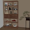 Chinese Style Interior With Wooden Etagere Decorative Items Books And Bonsai Plant