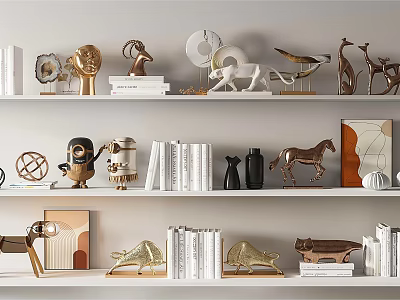 Modern Decorative Ornament Set With Golden Animal Figurines Geometric Designs And Books On Shelves 3d model