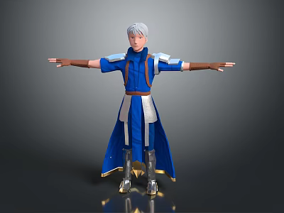 Game and Movie Character With White Hair Blue Robe Silver Armor Standing Pose Arms Outstretched 3d model