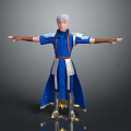 Game and Movie Character With White Hair Blue Robe Silver Armor Standing Pose Arms Outstretched