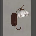 Brown Wooden Base Wall Light with Golden Arm and White Petal Shaped Lampshade Warm Illumination