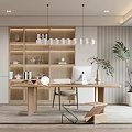 Modern Minimalist Study Room Interior With Wooden Bookshelves Desk And Hanging Lights