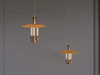 Two Umbrella Shaped Top Chandeliers With White Elongated Decorations And Golden Chains Against Gray Wall 3d model