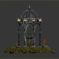 Ornate Black Metal Gazebo With Golden Decorations Central Fountain Surrounded By Rockery Stones And Plants