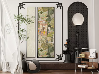 Abstract Painting In Elegant Interior With Ornate Frames And Plant 3d model